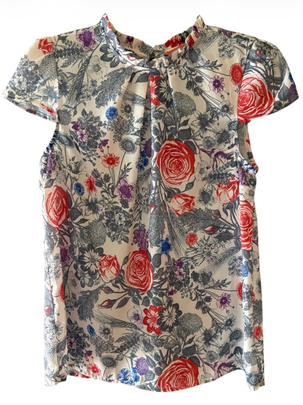 ModCloth Women’s Floral Cap Sleeve Ruffle Neck Top Size M